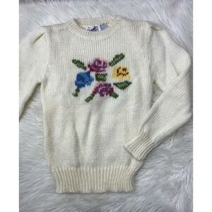 Vtg Erika Ivory Acrylic Sweater Floral Rose Design  M